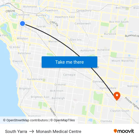 South Yarra to Monash Medical Centre map