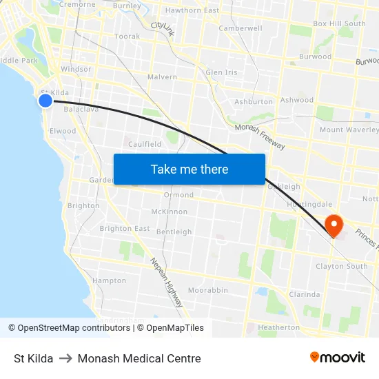 St Kilda to Monash Medical Centre map