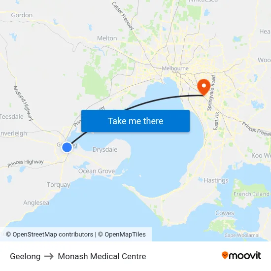 Geelong to Monash Medical Centre map