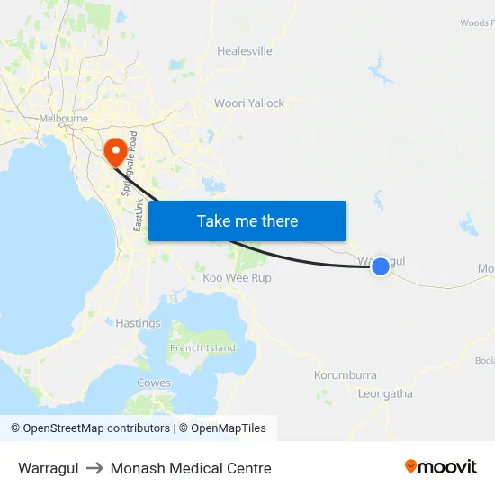 Warragul to Monash Medical Centre map