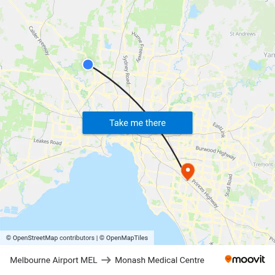 Melbourne Airport MEL to Monash Medical Centre map