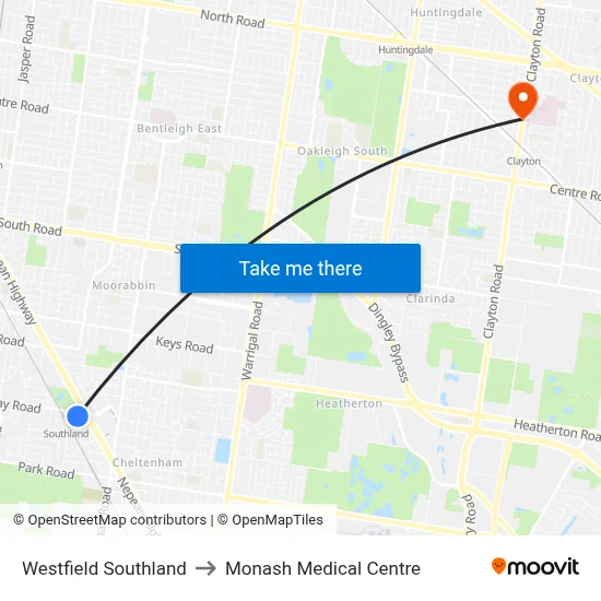 Westfield Southland to Monash Medical Centre map