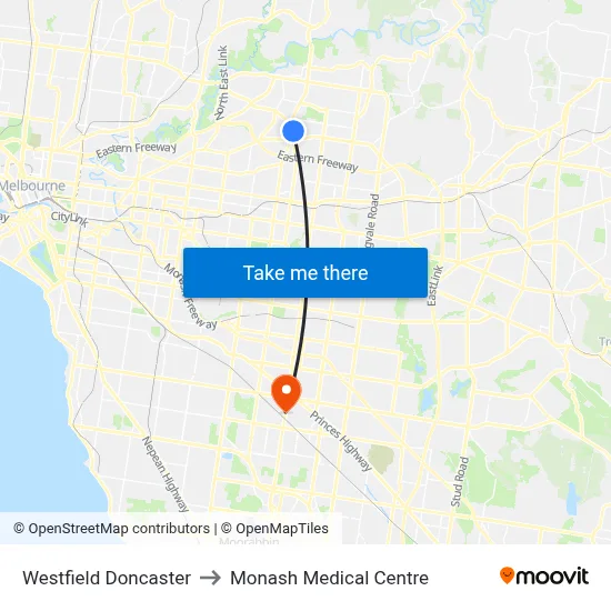 Westfield Doncaster to Monash Medical Centre map