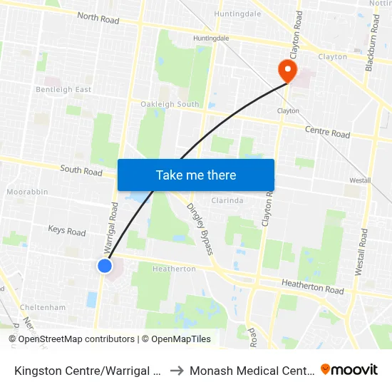 Kingston Centre/Warrigal Rd to Monash Medical Centre map