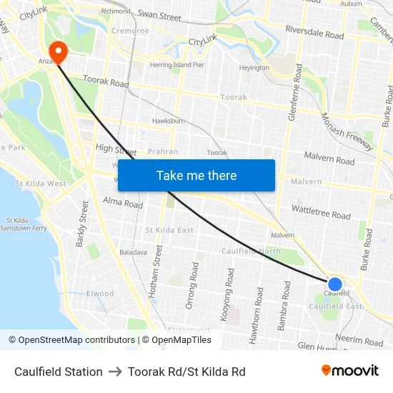 Caulfield Station to Toorak Rd/St Kilda Rd map