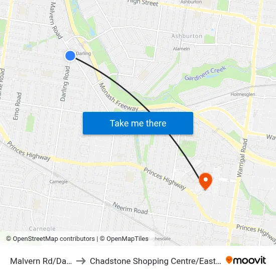 Malvern Rd/Darling Rd to Chadstone Shopping Centre / Eastern Access Rd map
