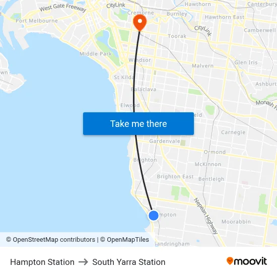 Hampton Station to South Yarra Station map