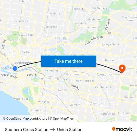 Southern Cross Station to Union Station map