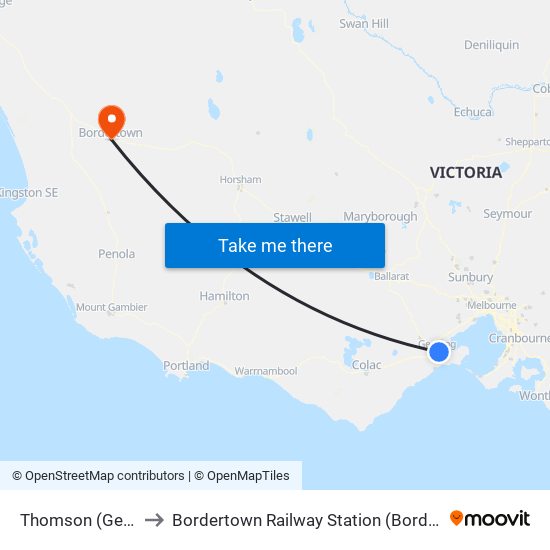 Thomson (Geelong) to Bordertown Railway Station (Bordertown (Sa)) map