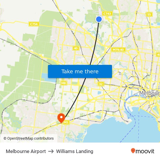 Melbourne Airport to Williams Landing map