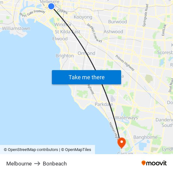 Melbourne to Bonbeach map