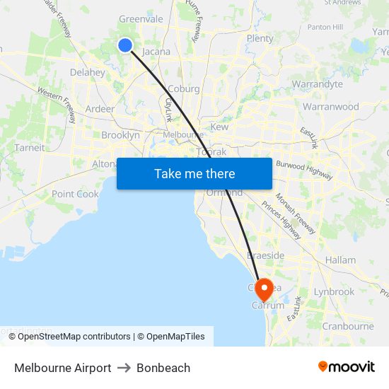 Melbourne Airport to Bonbeach map