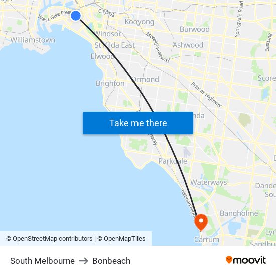 South Melbourne to Bonbeach map