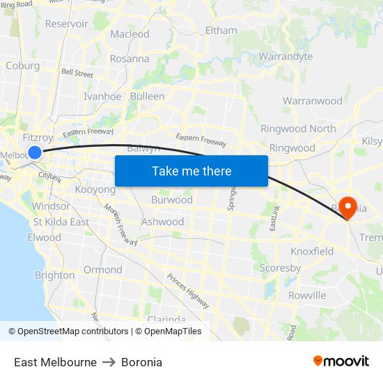 East Melbourne to Boronia map