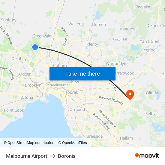 Melbourne Airport to Boronia map