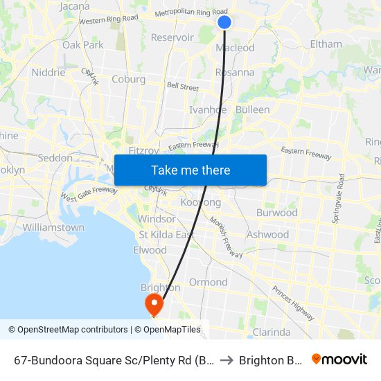 67-Bundoora Square Sc/Plenty Rd (Bundoora) to Brighton Beach map