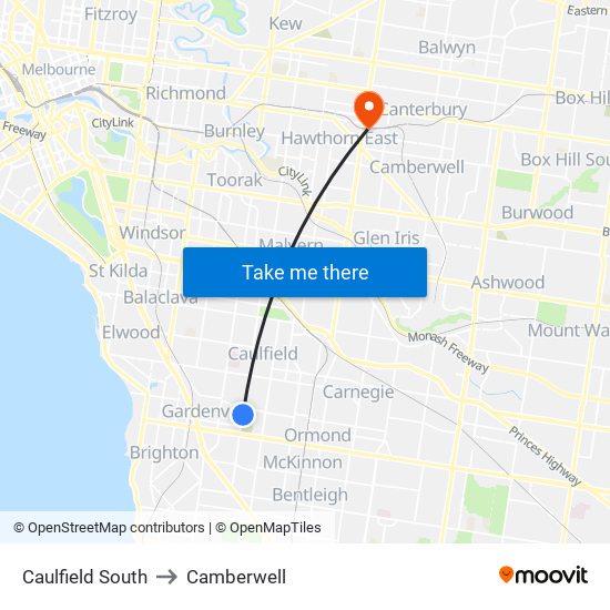 Caulfield South to Camberwell map