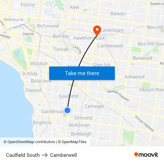 Caulfield South to Camberwell map