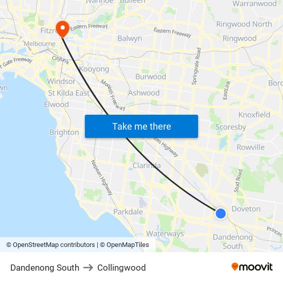 Dandenong South to Collingwood map