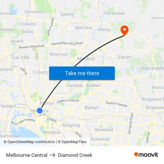 Melbourne Central to Diamond Creek map