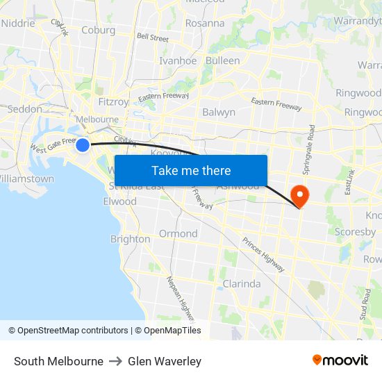 South Melbourne to Glen Waverley map