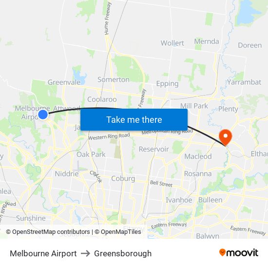 Melbourne Airport to Greensborough map