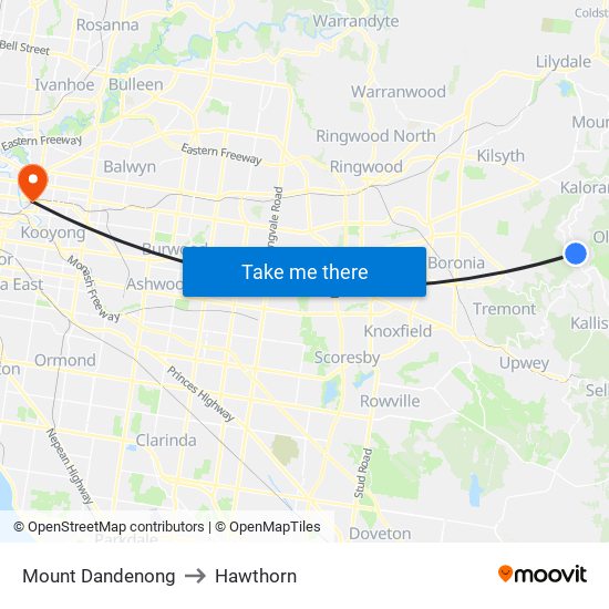 Mount Dandenong to Hawthorn map