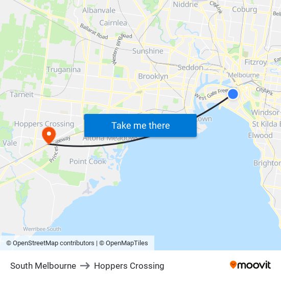 South Melbourne to Hoppers Crossing map
