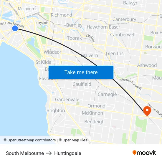 South Melbourne to Huntingdale map