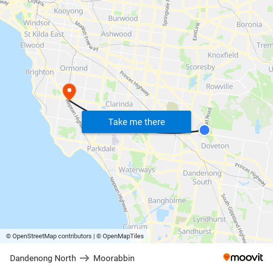Dandenong North to Moorabbin map