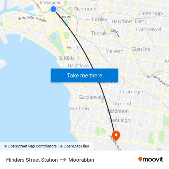 Flinders Street Station to Moorabbin map