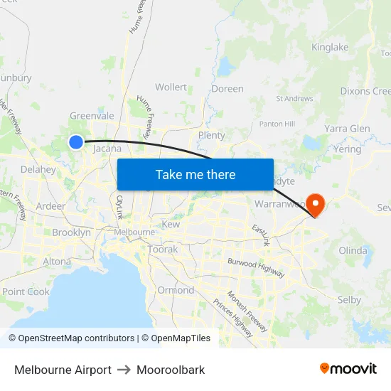 Melbourne Airport to Mooroolbark map