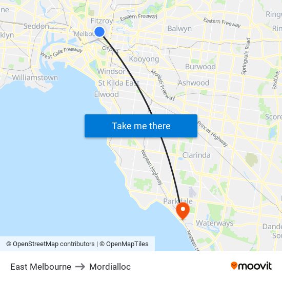 East Melbourne to Mordialloc map