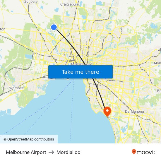 Melbourne Airport to Mordialloc map
