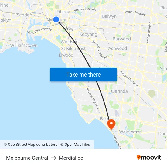 Melbourne Central to Mordialloc map