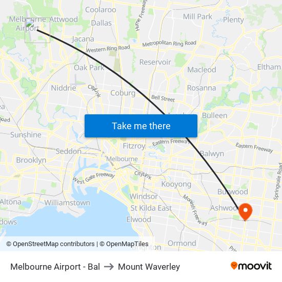 Melbourne Airport - Bal to Mount Waverley map