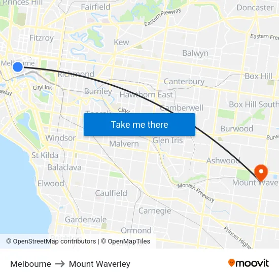 Melbourne to Mount Waverley map
