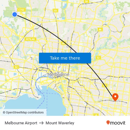 Melbourne Airport to Mount Waverley map