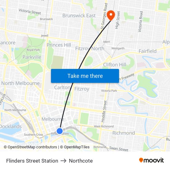 Flinders Street Station to Northcote map