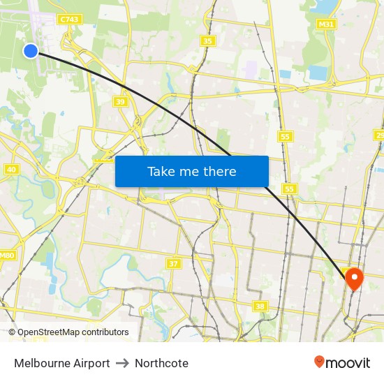 Melbourne Airport to Northcote map