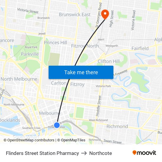 Flinders Street Station Pharmacy to Northcote map