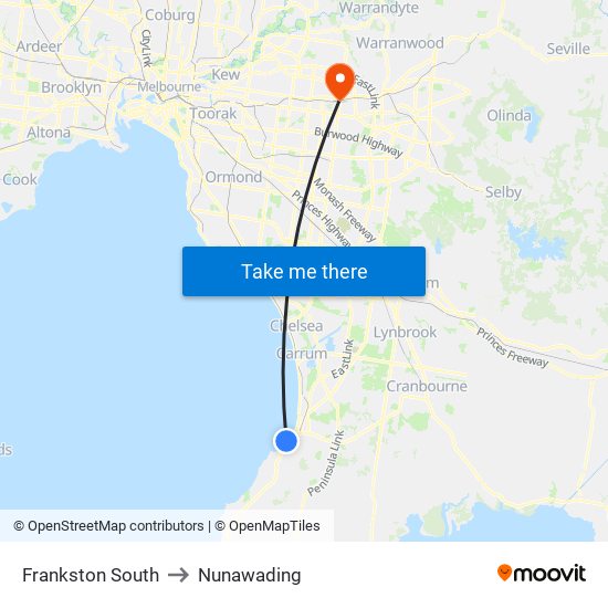 Frankston South to Nunawading map