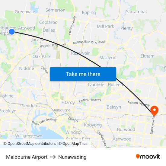 Melbourne Airport to Nunawading map