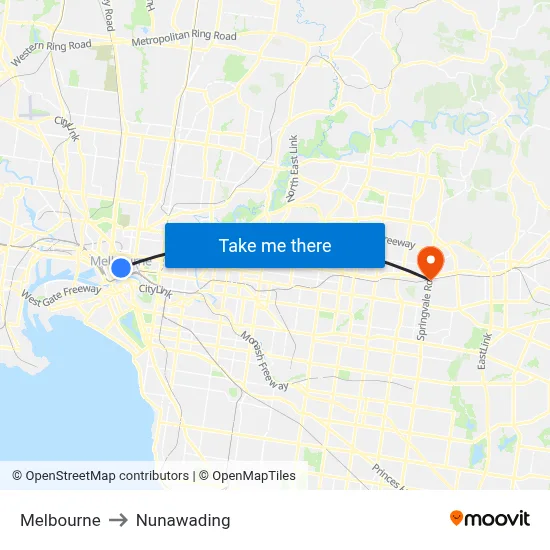 Melbourne to Nunawading map