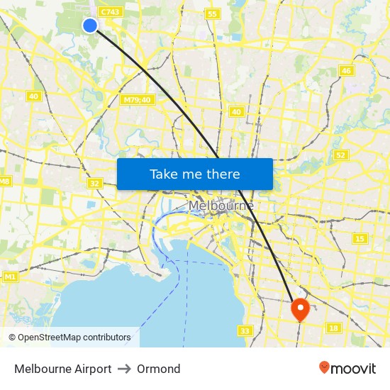 Melbourne Airport to Ormond map