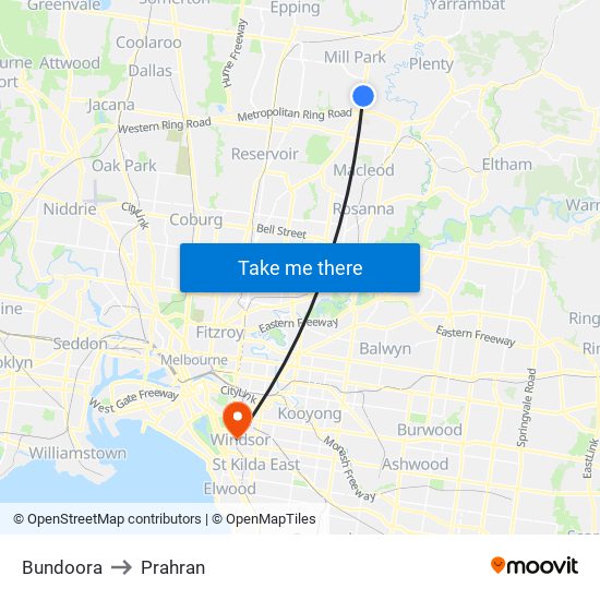 Bundoora to Prahran map