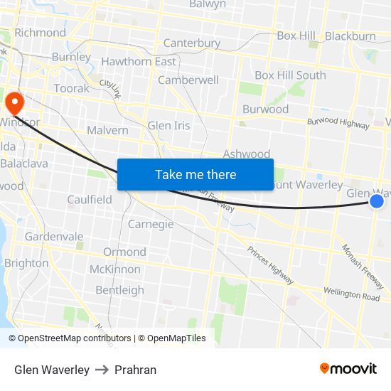 Glen Waverley to Prahran map