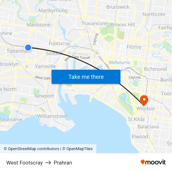 West Footscray to Prahran map
