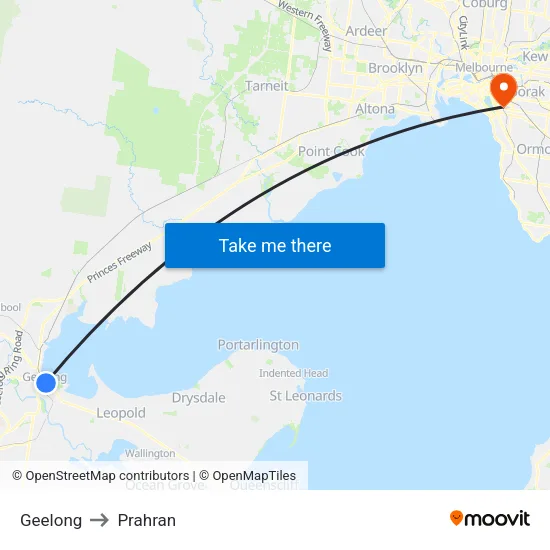 Geelong to Prahran map