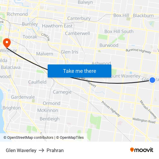 Glen Waverley to Prahran map